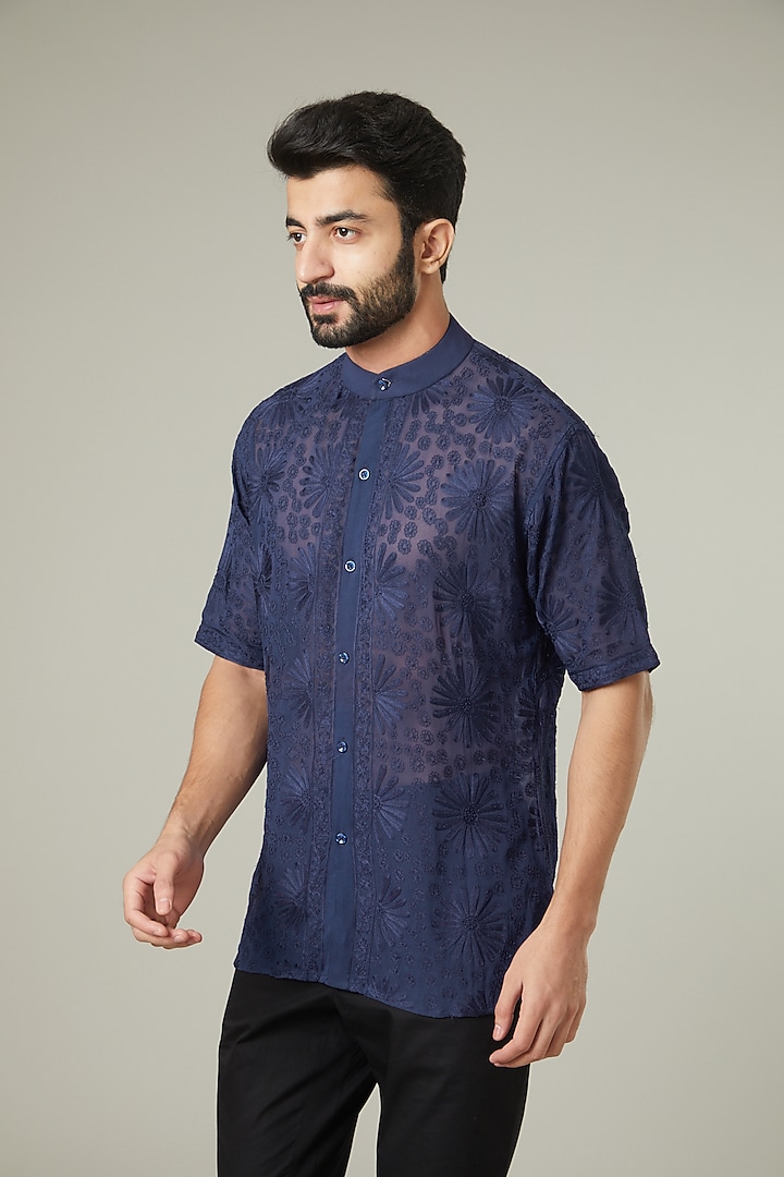 Navy Blue Aari Embroidered Wedding Shirt by Mehraab Men at Pernia's Pop Up Shop