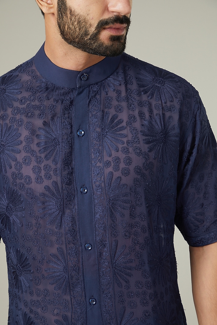 Navy Blue Aari Embroidered Wedding Shirt by Mehraab Men at Pernia's Pop Up Shop