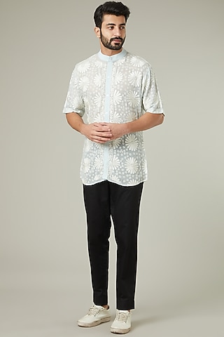 Aqua Blue Aari Embroidered Shirt by Mehraab Men