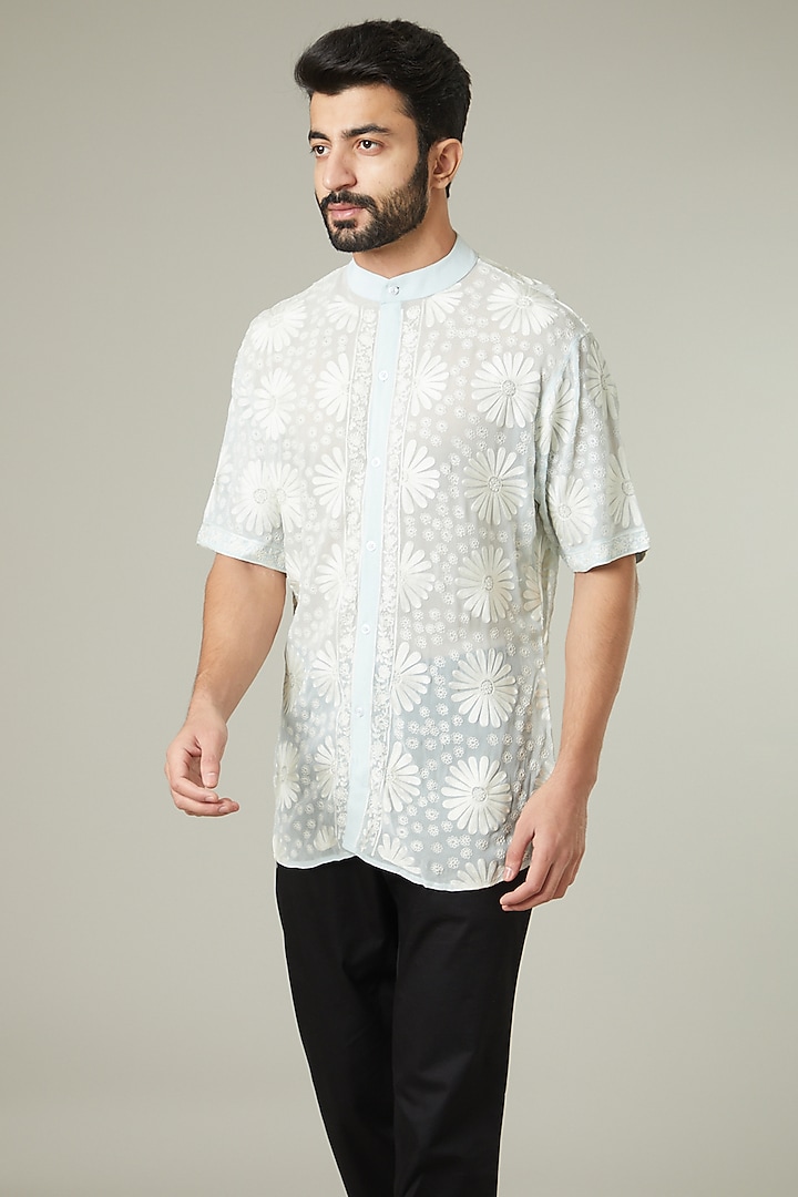 Aqua Blue Aari Embroidered Wedding Shirt by Mehraab Men at Pernia's Pop Up Shop
