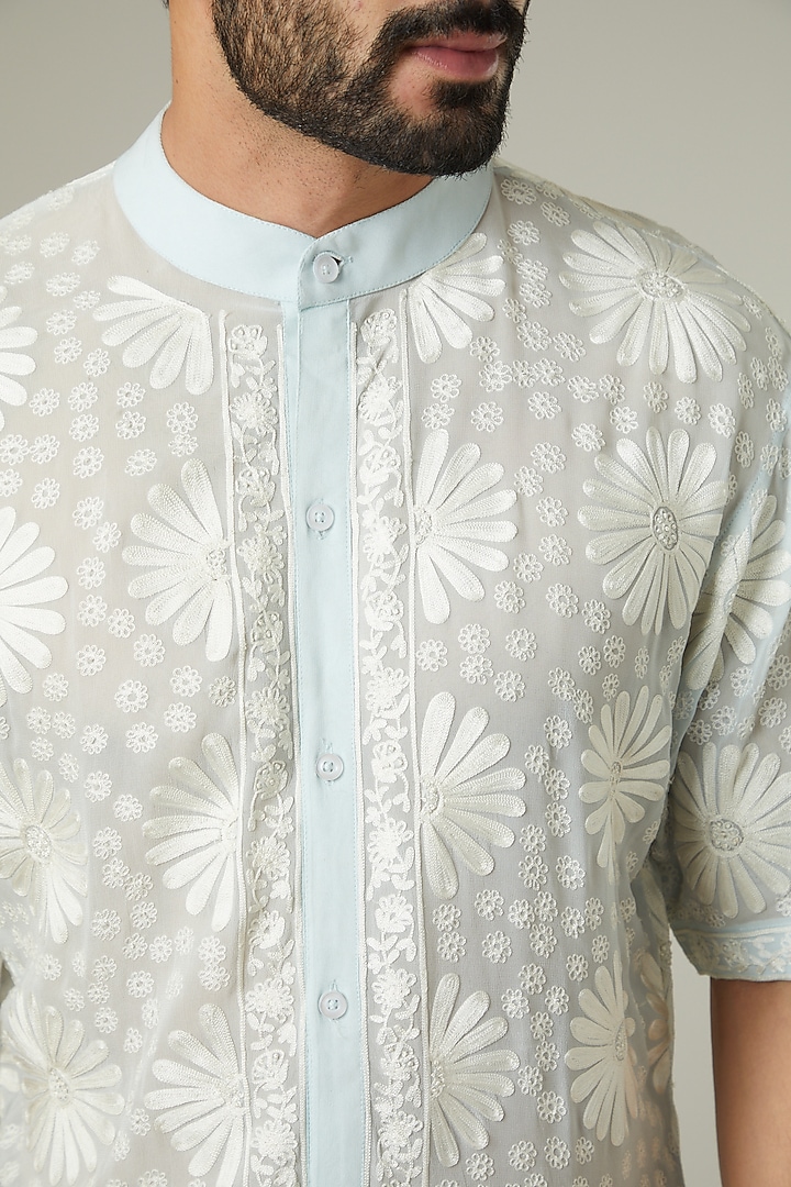 Aqua Blue Aari Embroidered Wedding Shirt by Mehraab Men at Pernia's Pop Up Shop