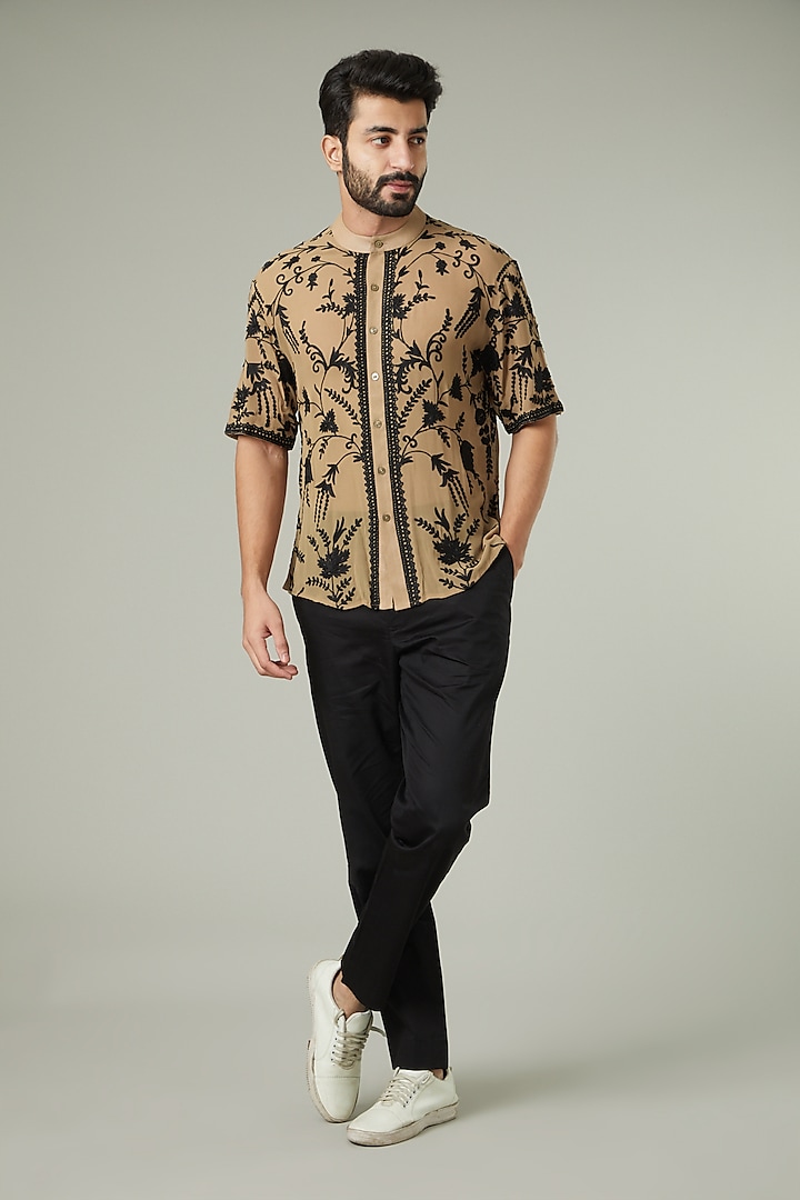 Camel Colored Embroidered Shirt by Mehraab Men