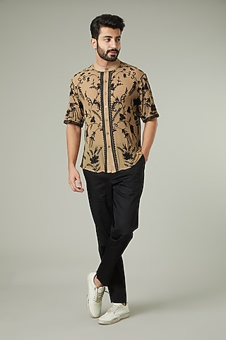 Camel Colored Embroidered Shirt by Mehraab Men