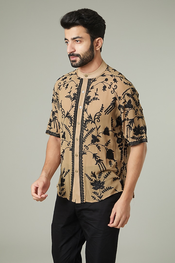 Camel Colored Embroidered Wedding Shirt by Mehraab Men at Pernia's Pop Up Shop