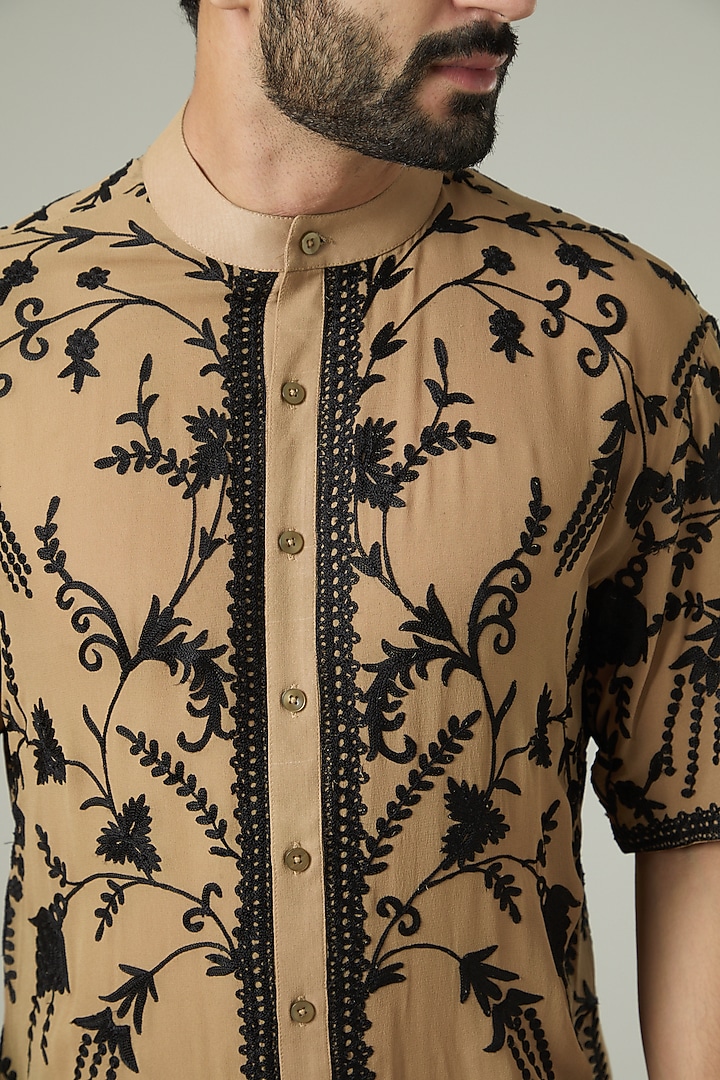 Camel Colored Embroidered Wedding Shirt by Mehraab Men at Pernia's Pop Up Shop