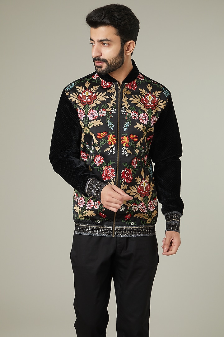 Black Velvet Embroidered Bomber Jacket by Mehraab Men
