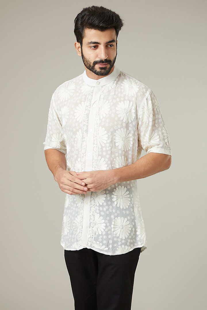 White Embroidered Wedding Shirt by Mehraab Men at Pernia's Pop Up Shop