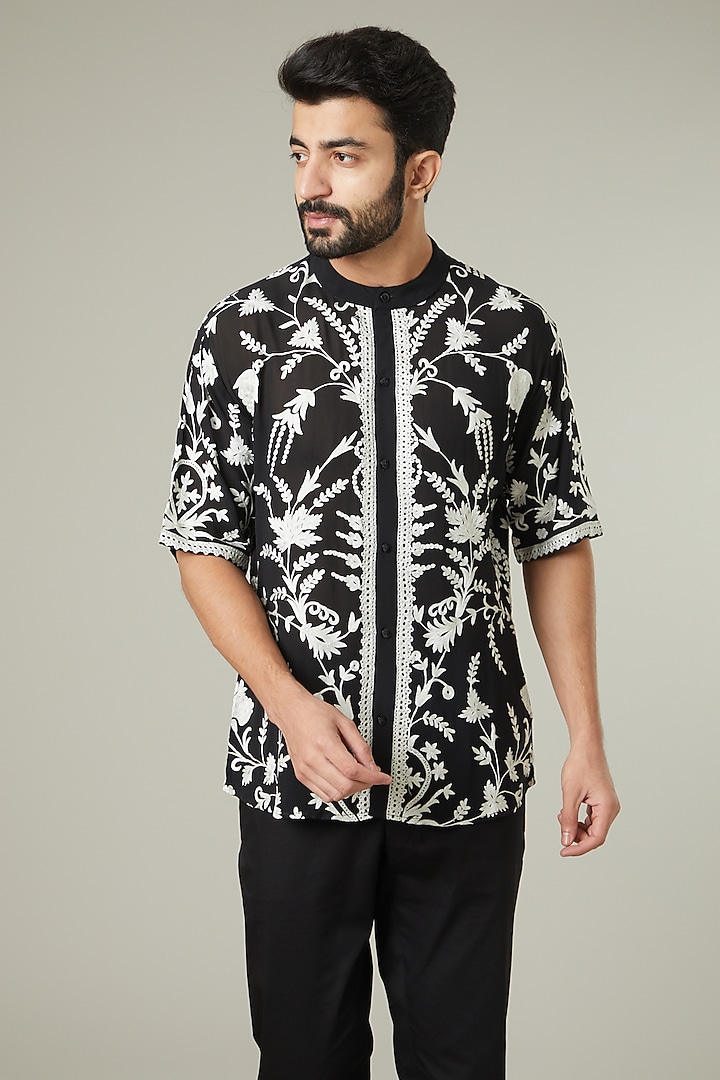 Black Georgette Embroidered Wedding Shirt by Mehraab Men at Pernia's Pop Up Shop