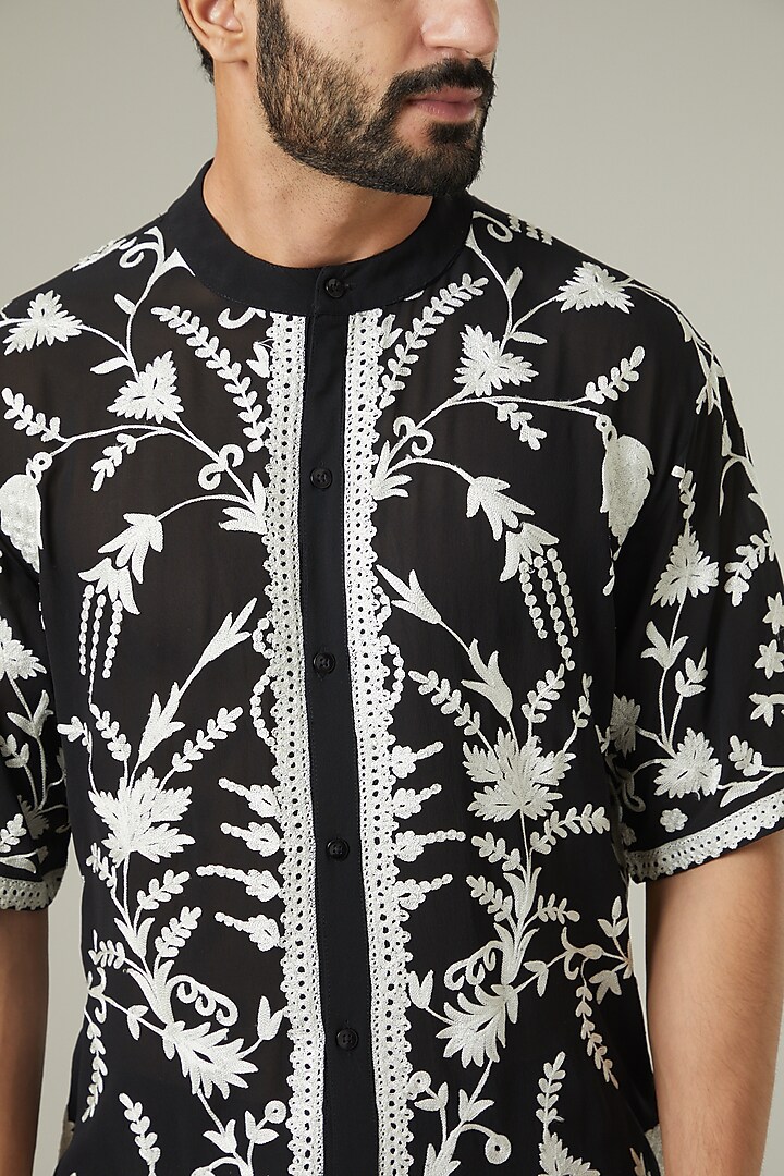 Black Georgette Embroidered Wedding Shirt by Mehraab Men at Pernia's Pop Up Shop