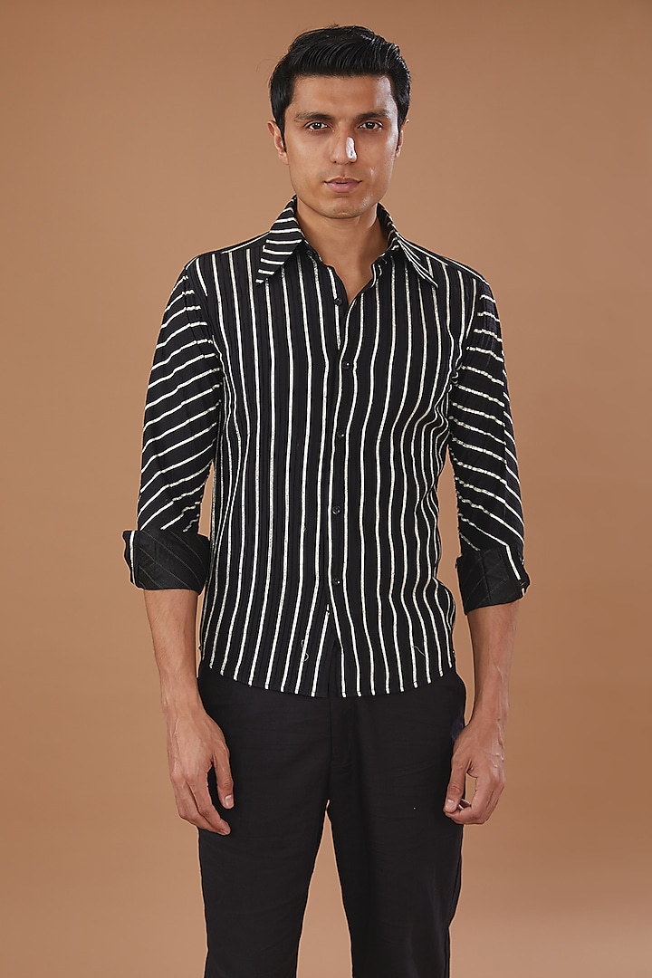 Black Satin Gota Embroidered Shirt by Mehraab Men at Pernia's Pop Up Shop