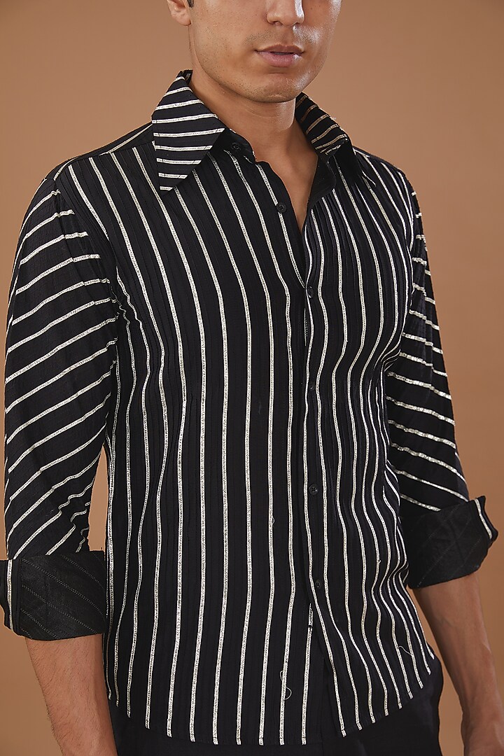 Black Satin Gota Embroidered Wedding Shirt by Mehraab Men at Pernia's Pop Up Shop