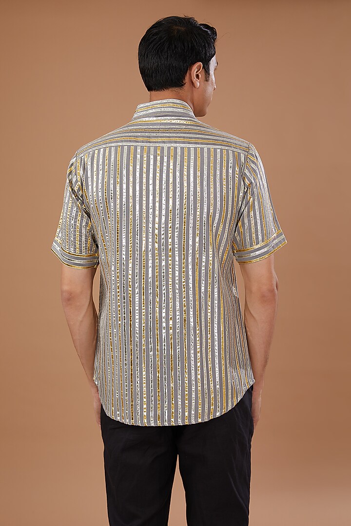 Grey Blended Cotton Silk Gota Embroidered Wedding Shirt by Mehraab Men at Pernia's Pop Up Shop