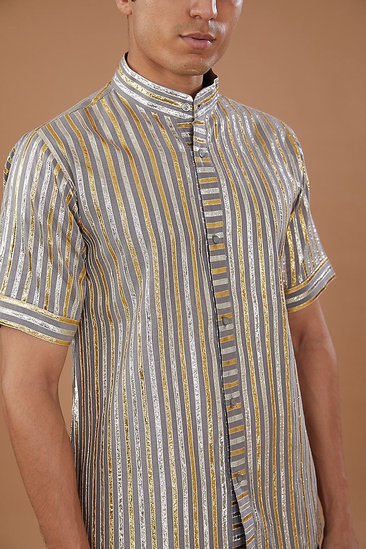 Grey Blended Cotton Silk Gota Embroidered Wedding Shirt by Mehraab Men at Pernia's Pop Up Shop