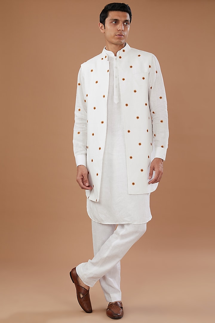 White Blended Linen Motifs Embroidered Indowestern Jacket Set by Mehraab Men