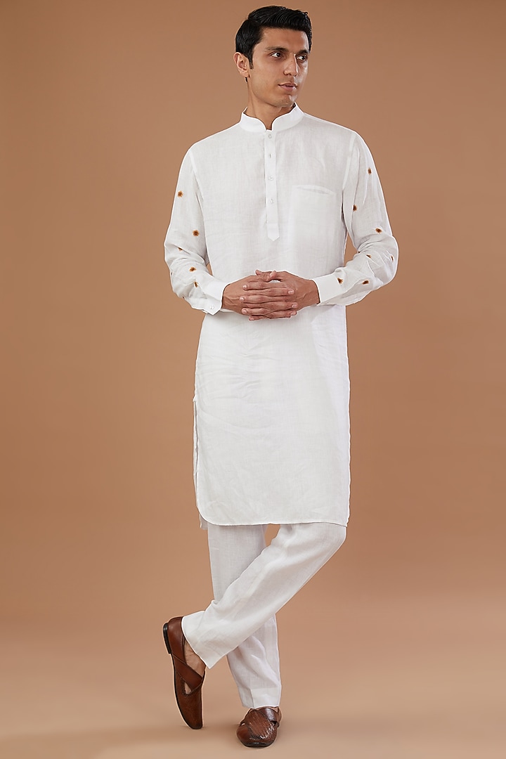 White Blended Linen Motifs Embroidered Wedding Indowestern Jacket Set by Mehraab Men at Pernia's Pop Up Shop