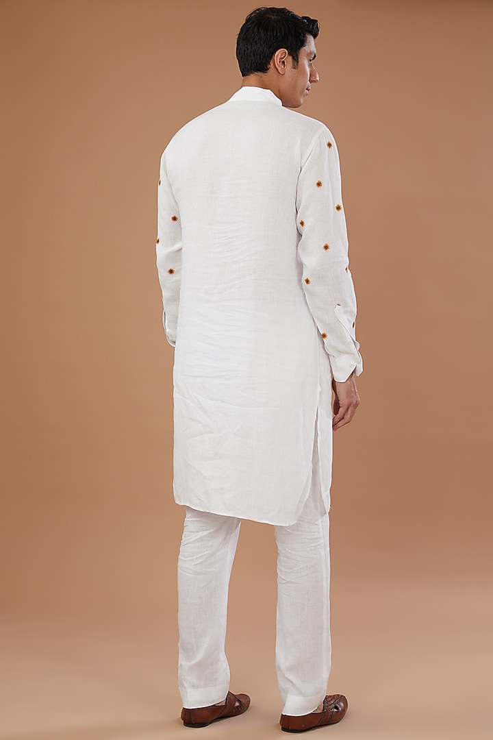 White Blended Linen Motifs Embroidered Wedding Indowestern Jacket Set by Mehraab Men at Pernia's Pop Up Shop
