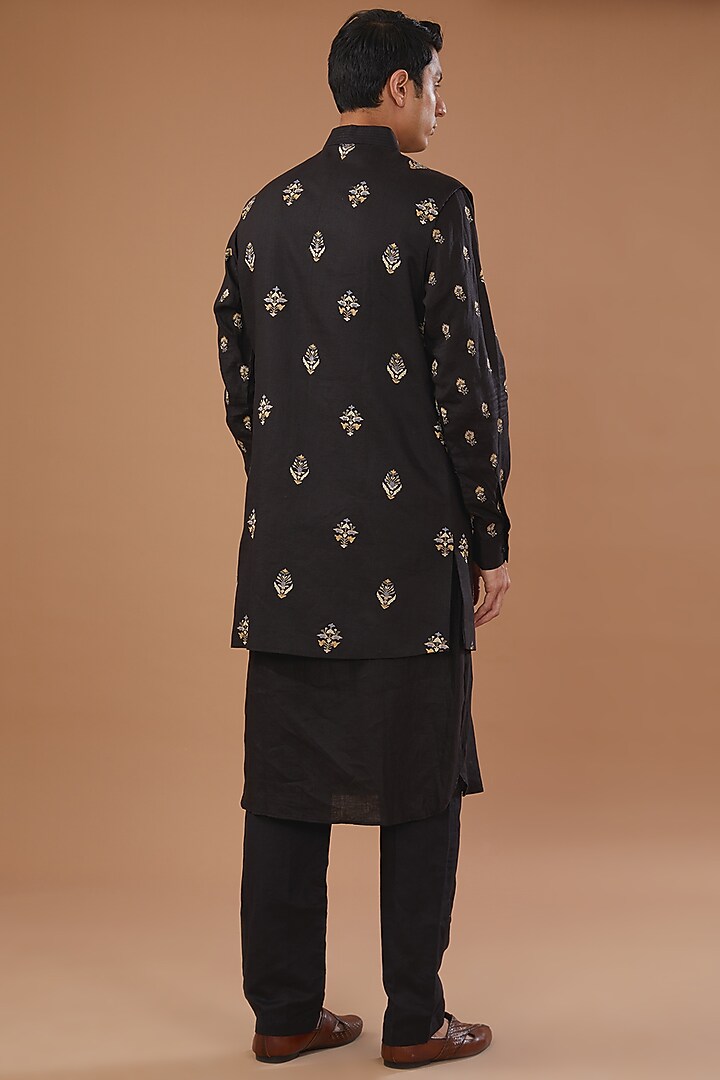 Black Blended Linen Hand Embroidered Groom Indowestern Jacket Set by Mehraab Men at Pernia's Pop Up Shop