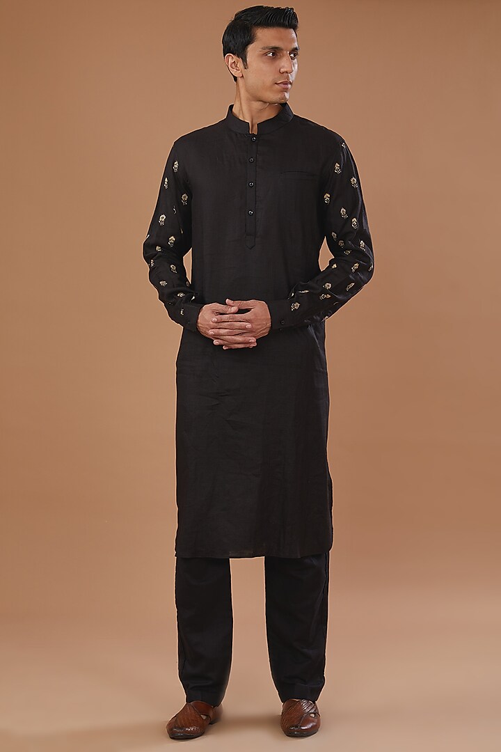 Black Blended Linen Hand Embroidered Groom Indowestern Jacket Set by Mehraab Men at Pernia's Pop Up Shop