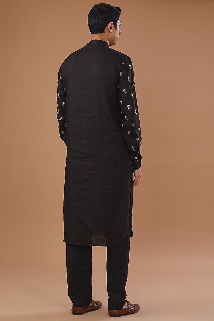 Black Blended Linen Hand Embroidered Groom Indowestern Jacket Set by Mehraab Men at Pernia's Pop Up Shop