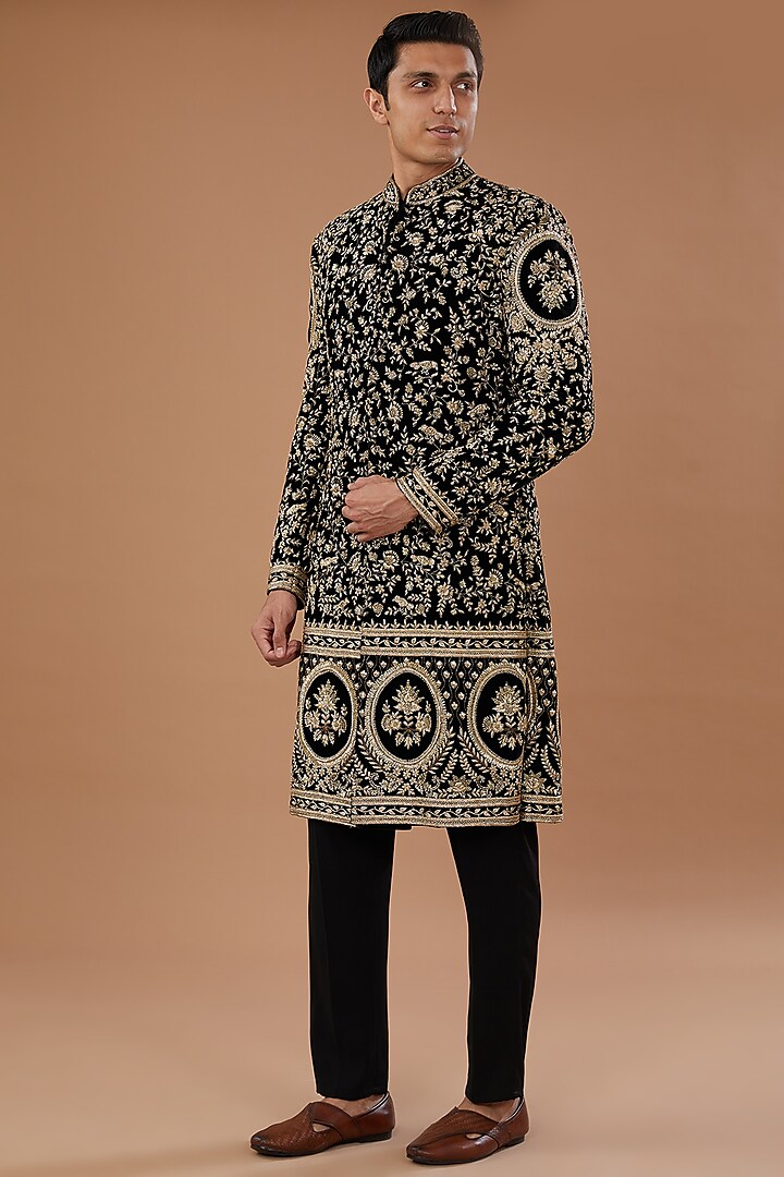 Black Velvet Zardosi Embroidered Sherwani by Mehraab Men