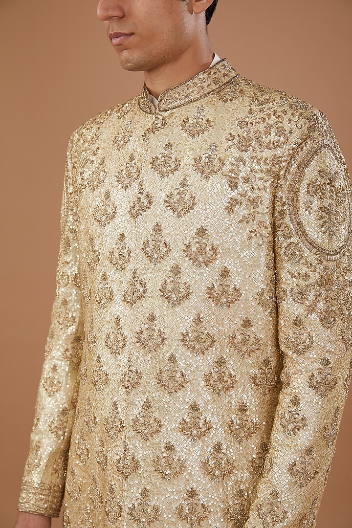 Cream Blended Silk Gold Zardosi Embroidered Groom Sherwani by Mehraab Men at Pernia's Pop Up Shop