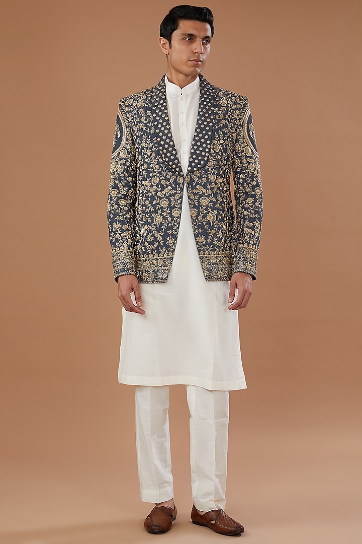 Blue Blended Denim Zardosi Embroidered Blazer Jacket by Mehraab Men at Pernia's Pop Up Shop