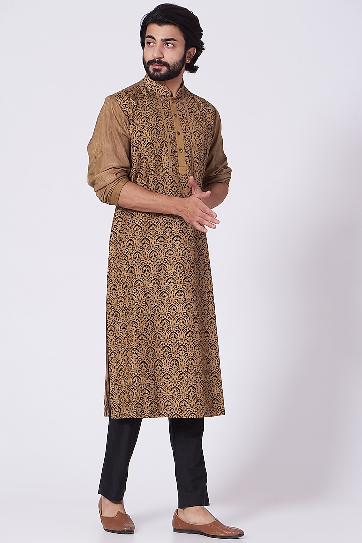 Copper & Black Laser Cut Kurta Set by Mehraab Men at Pernia's Pop Up Shop