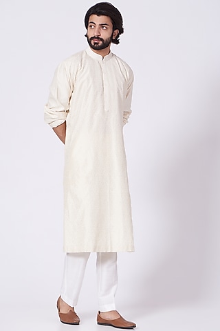 Off White Laser Cut Kurta Set by Mehraab Men