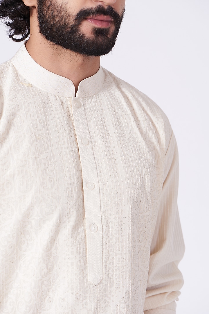 Off White Laser Cut Kurta Set by Mehraab Men at Pernia's Pop Up Shop