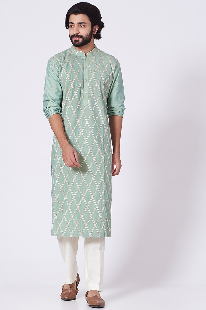 Mint Kurta Set With Gota Work by Mehraab Men at Pernia's Pop Up Shop