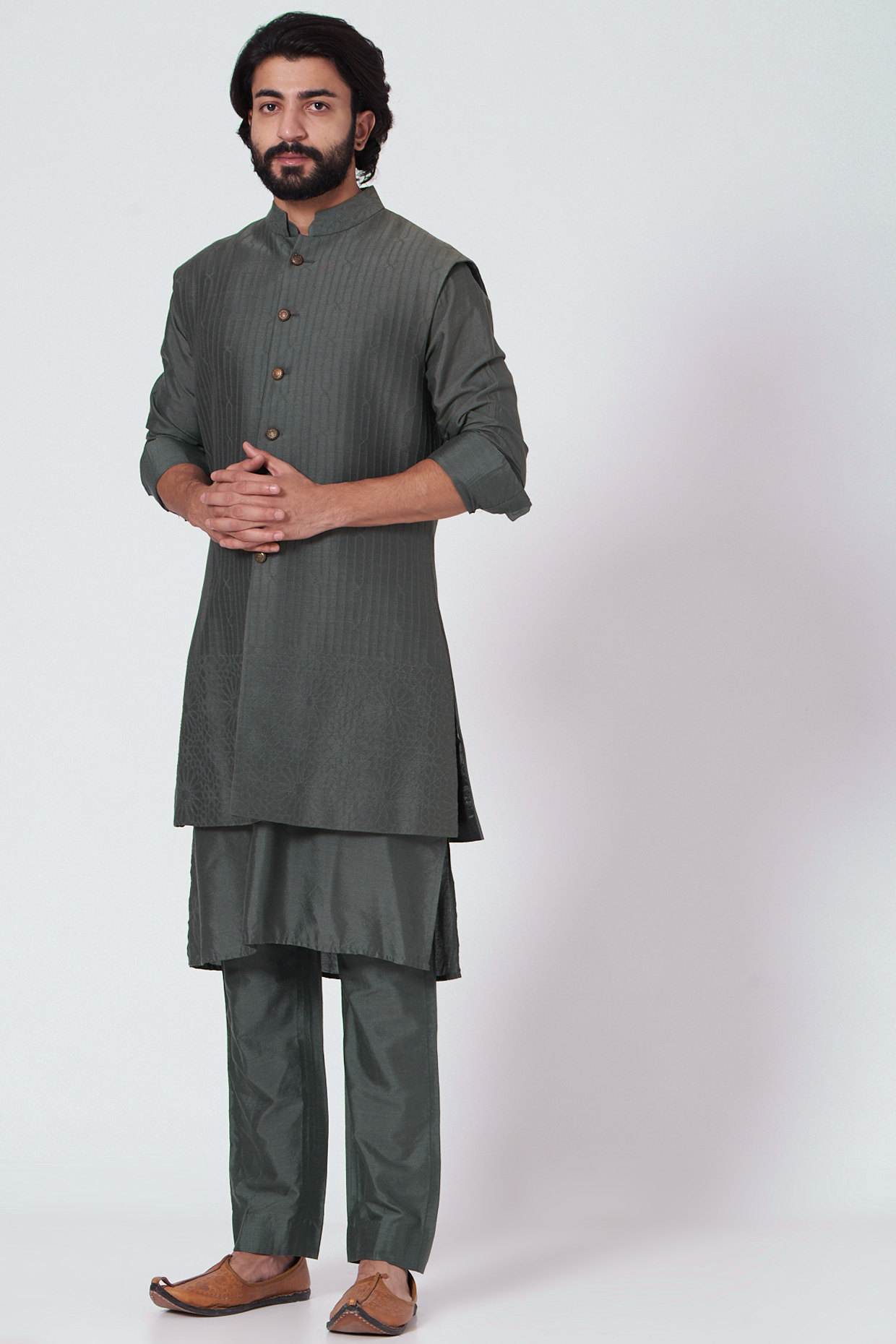 Greyish Green Cotton Silk Blend Wedding Indowestern Set  by Mehraab Men at Pernia's Pop Up Shop