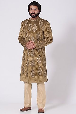 Beige Velvet Indowestern Sherwani by Mehraab Men