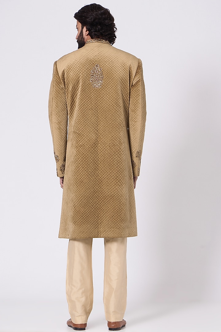 Beige Velvet Indowestern Groom Sherwani by Mehraab Men at Pernia's Pop Up Shop