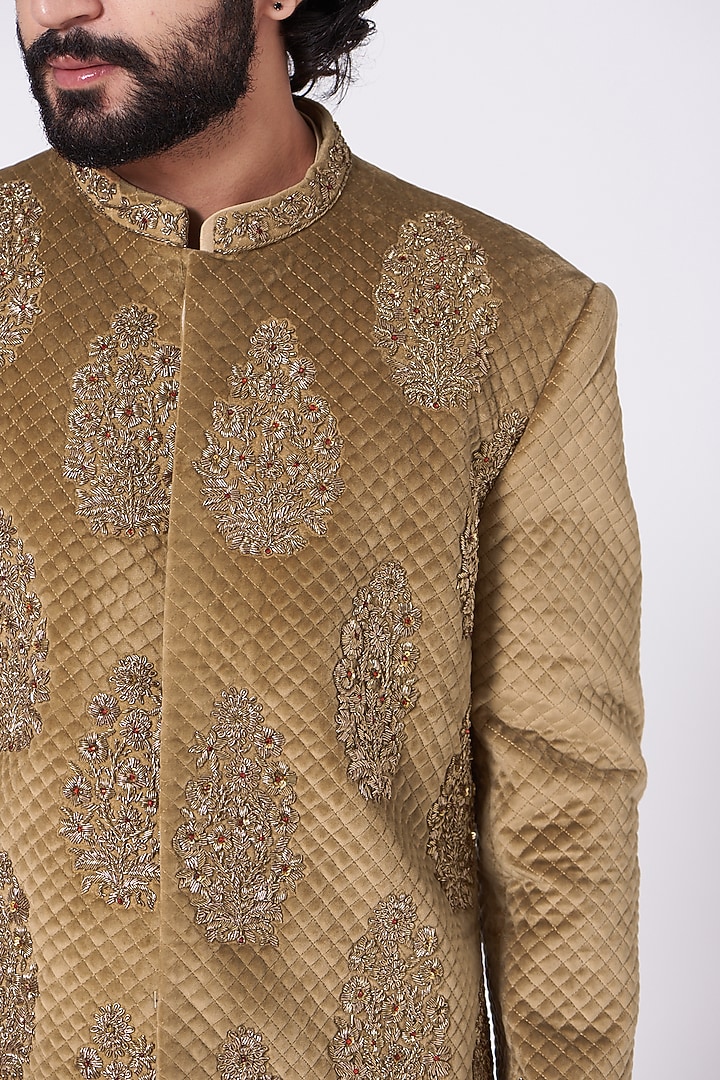 Beige Velvet Indowestern Groom Sherwani by Mehraab Men at Pernia's Pop Up Shop