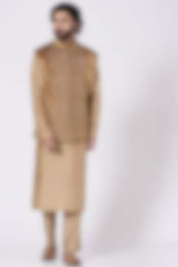 Beige Velvet Bundi Jacket With Zardosi Work by Mehraab Men