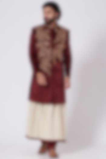 Maroon Velvet Embroidered Groom Sherwani  by Mehraab Men at Pernia's Pop Up Shop