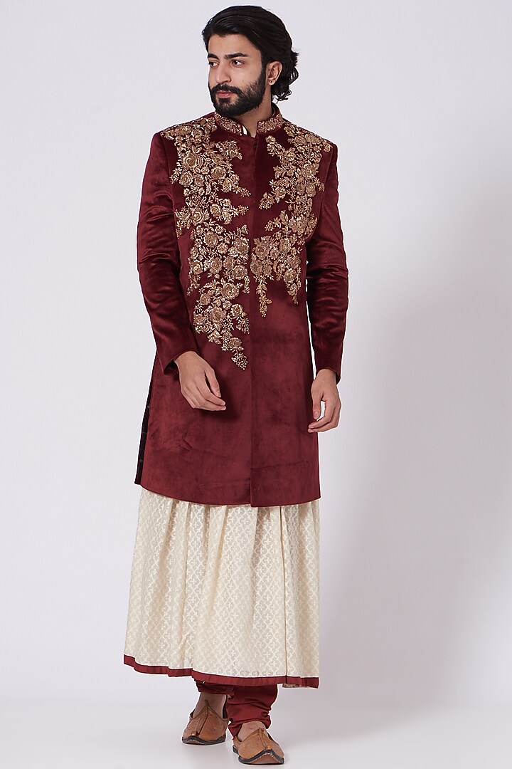 Maroon Velvet Embroidered Groom Sherwani  by Mehraab Men at Pernia's Pop Up Shop