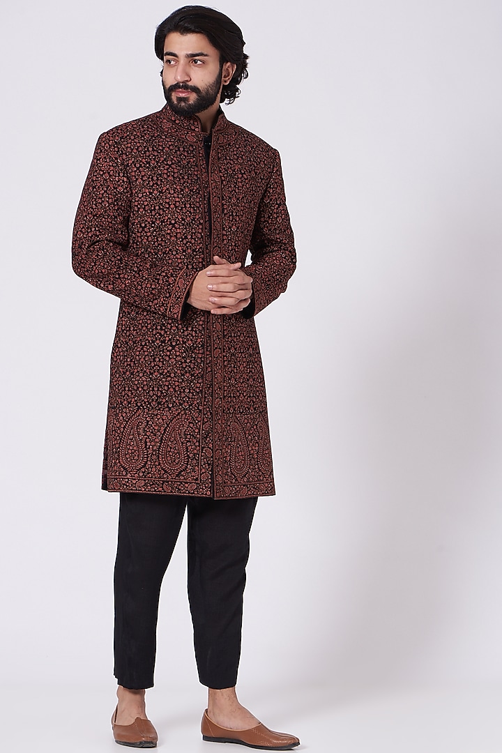 Black Embroidered Indo Western Groom Sherwani by Mehraab Men at Pernia's  Pop Up Shop