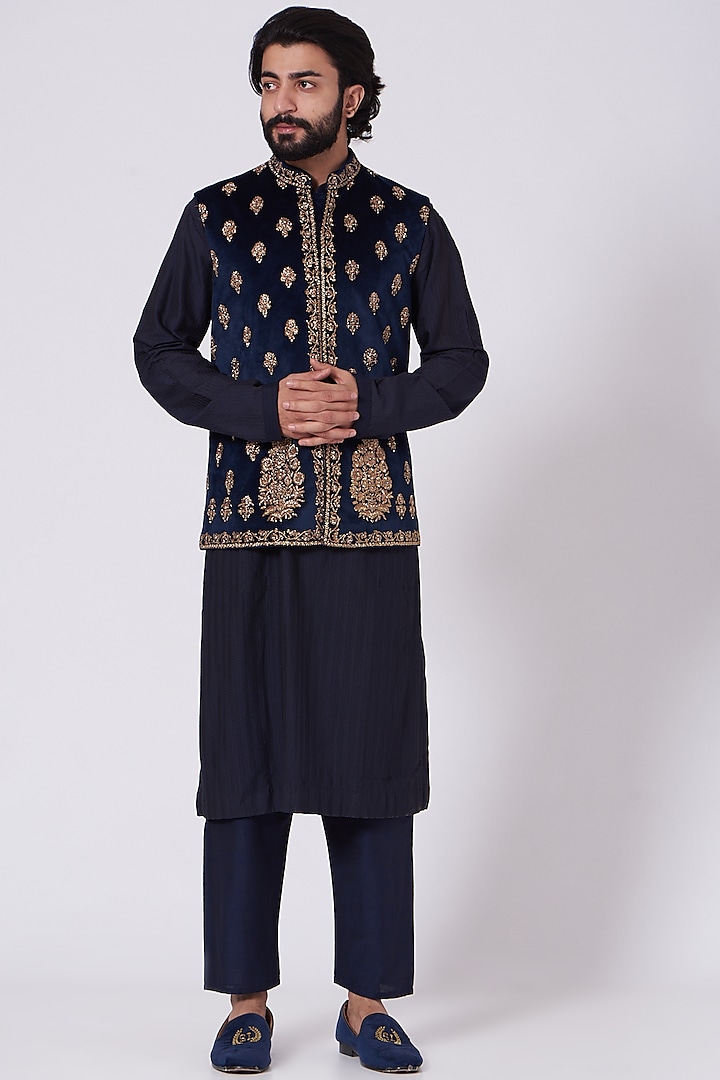 Navy Blue Bundi Jacket With Zardosi Work by Mehraab Men