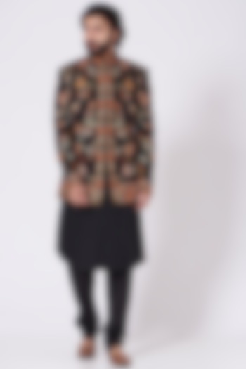 Black Embroidered Groom Bandhgala Jacket by Mehraab Men at Pernia's Pop Up Shop