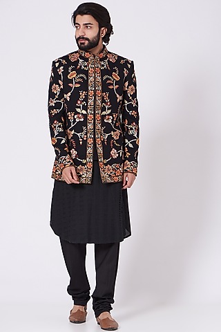Black Embroidered Bandhgala Jacket by Mehraab Men
