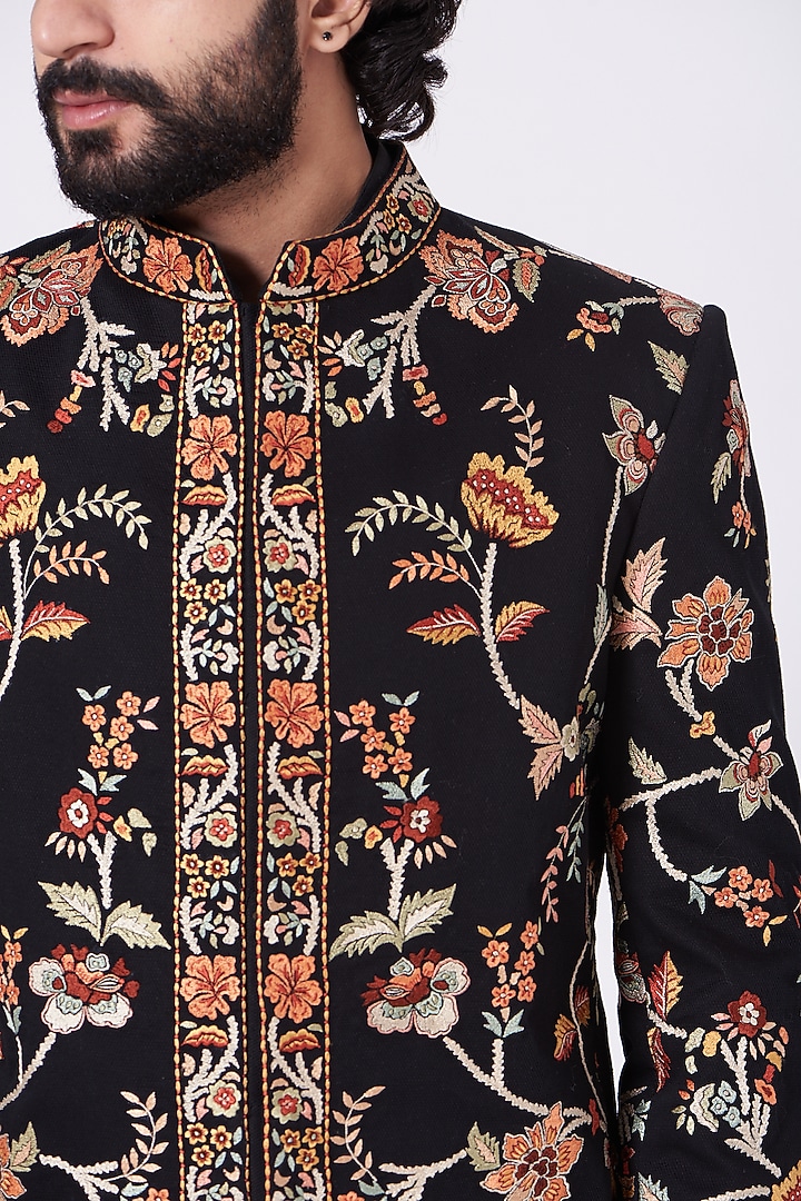 Black Embroidered Groom Bandhgala Jacket by Mehraab Men at Pernia's Pop Up Shop