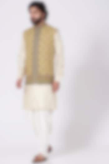 Olive Green Embroidered Bundi Jacket by Mehraab Men at Pernia's Pop Up Shop