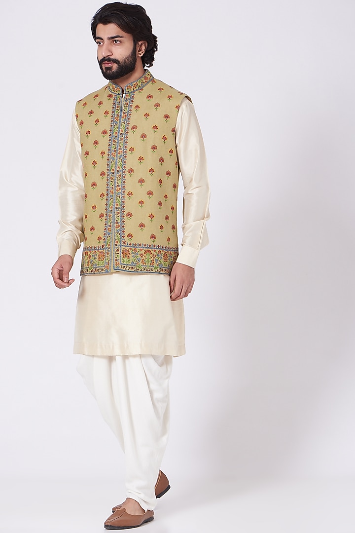 Olive Green Embroidered Bundi Jacket by Mehraab Men at Pernia's Pop Up Shop