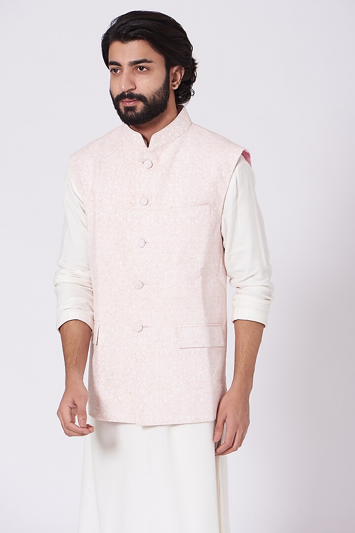 Pastel Pink Embroidered Bundi Jacket by Mehraab Men at Pernia's Pop Up Shop