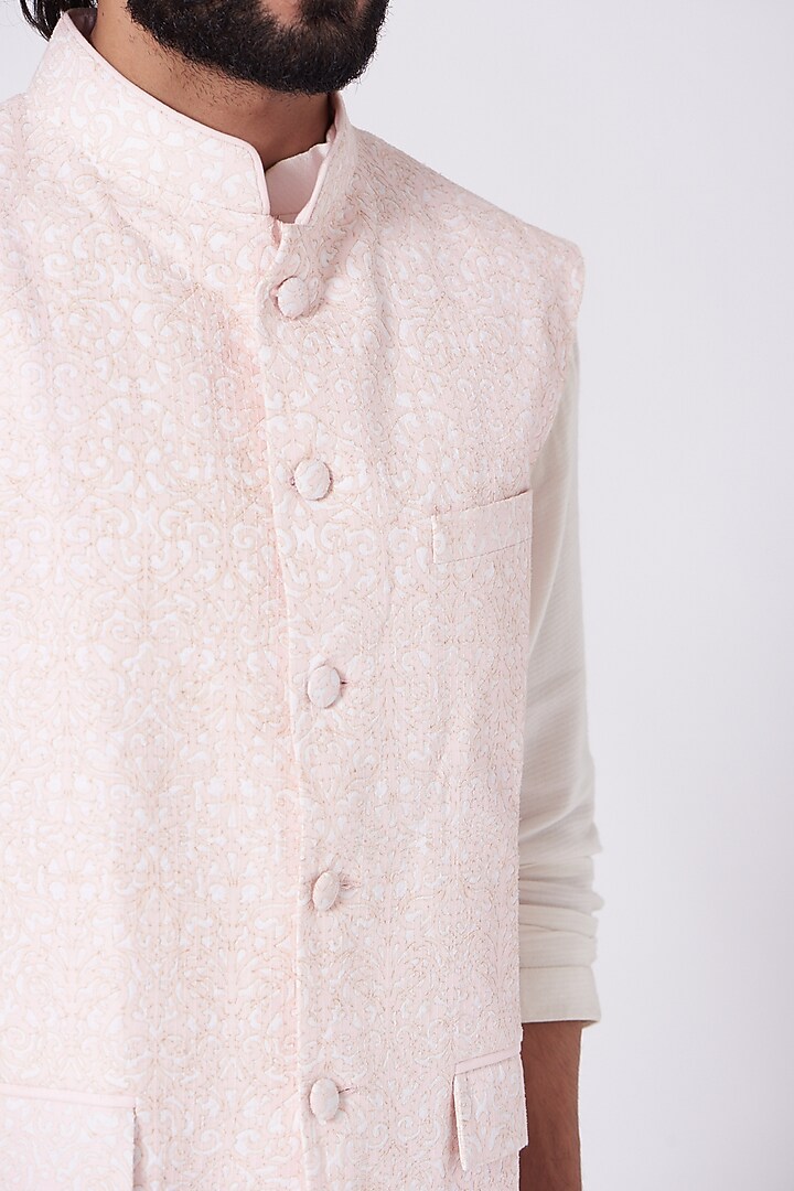 Pastel Pink Embroidered Bundi Jacket by Mehraab Men at Pernia's Pop Up Shop
