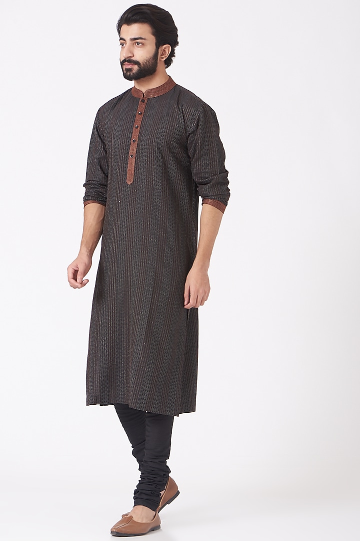 Black Cotton Silk Kurta Set by Mehraab Men at Pernia's Pop Up Shop