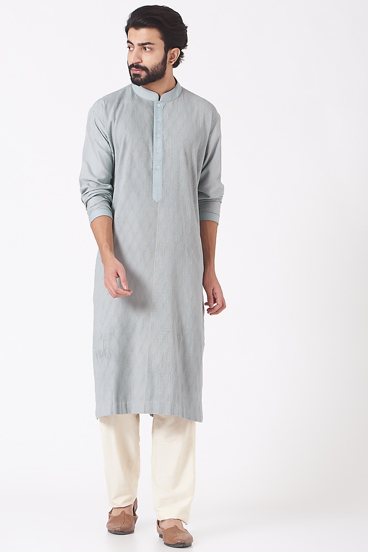 Grey Cotton Silk Kurta Set by Mehraab Men
