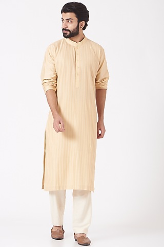 Beige Cotton Silk Kurta Set by Mehraab Men