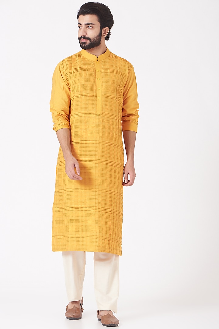 Haldi Yellow Cotton Silk Kurta Set by Mehraab Men